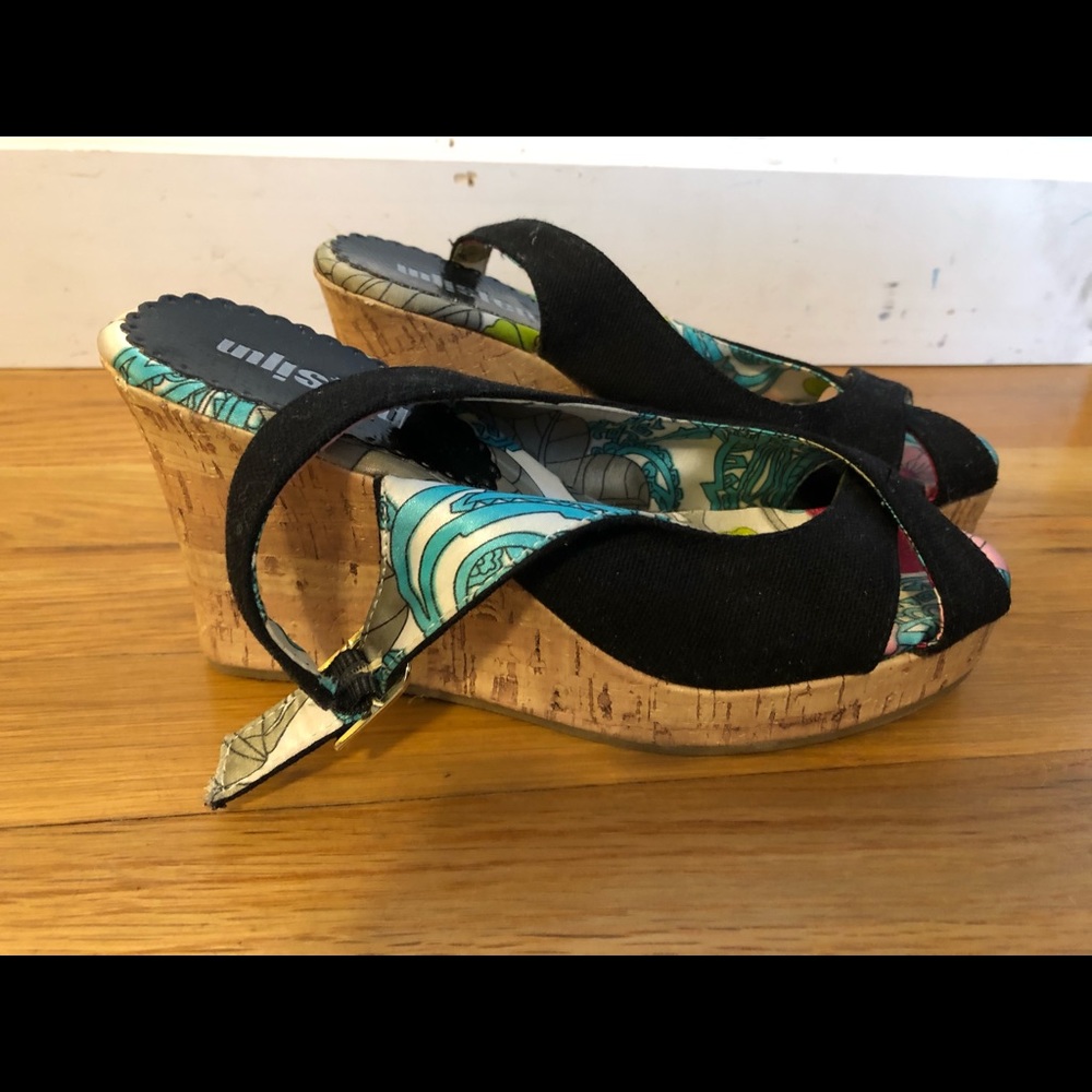 SUMMER TIME! Black Wedge Sandals Cork Heel S6